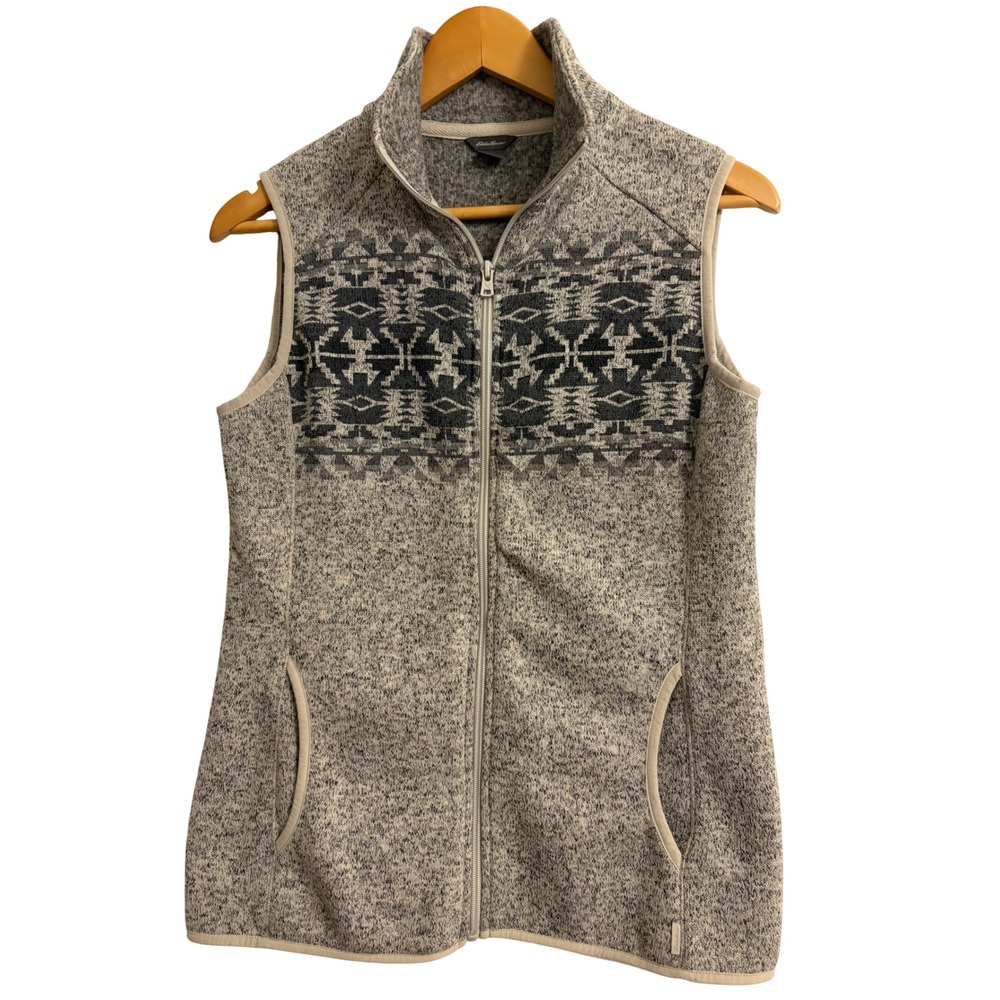 Eddie Bauer Fleece Vest Small Gray Aztec Geometric Sweater Knit Full Zip
